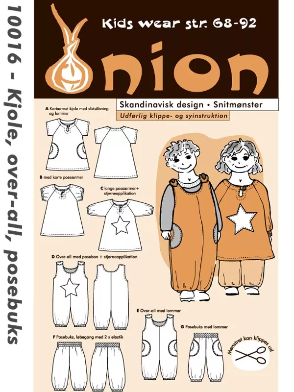 Onion 10016 symønster til kjole, overall og posebukse for baby