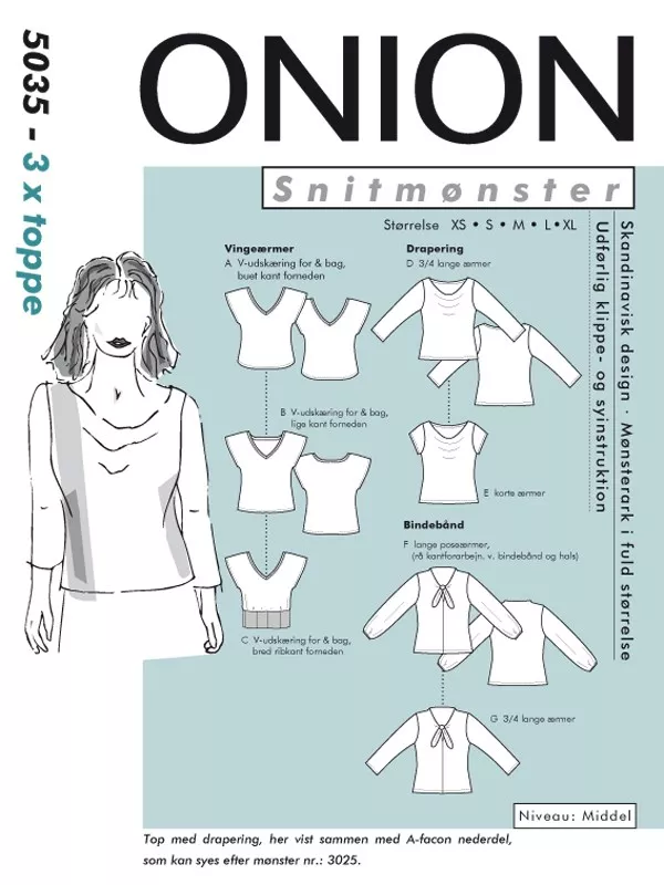 Onion 5035 - Tre topper med drapering til stretchstoff