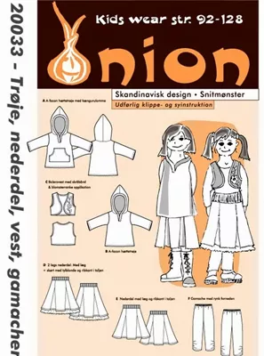 Onion 20033 symønster til hettegenser, skjørt, tights og vest for barn