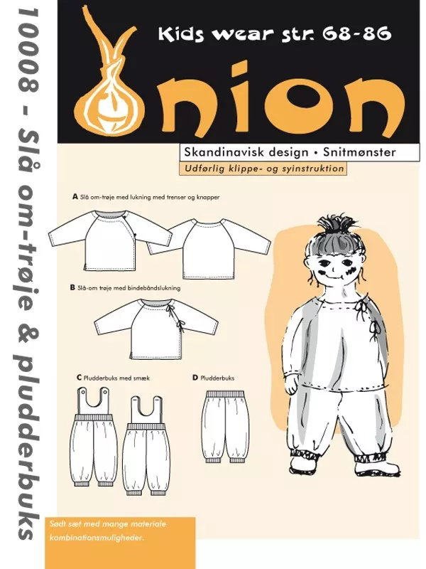 Onion 10008 – symønster til omslagstrøye og kosebukse for baby
