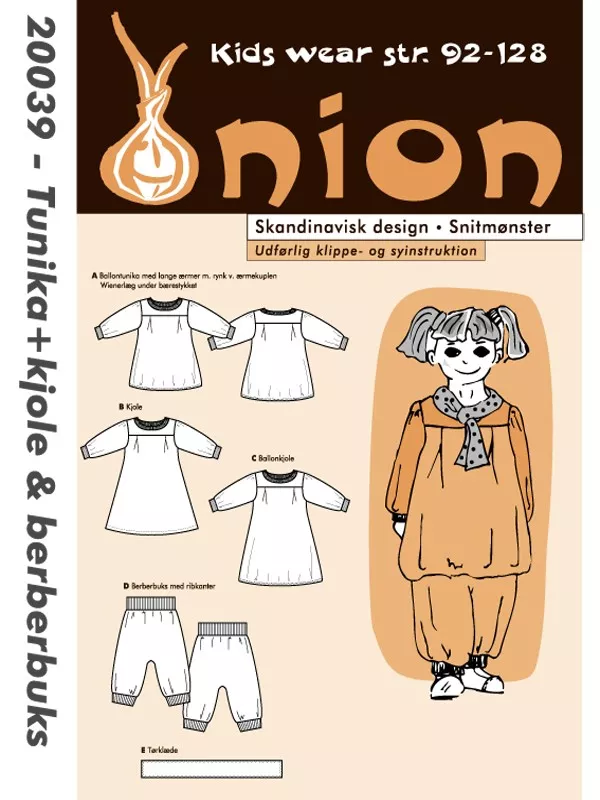 Onion 20039 – symønster til tunika, kjole, berberbukse og tørkle for barn