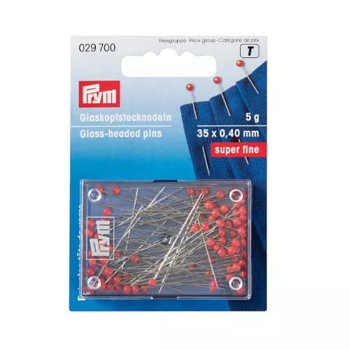 Prym knappenåler, superfine, med rødt glasshode