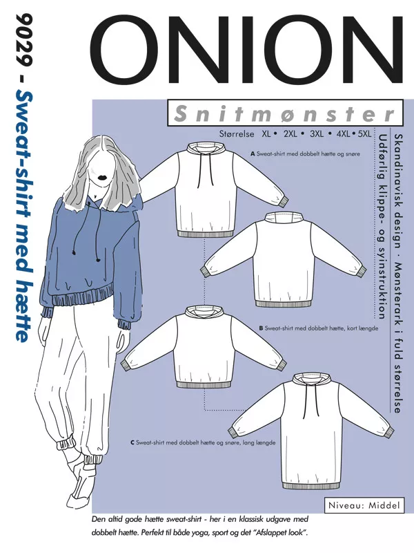 Onion 9029 – symønster til sweatshirt med hette for voksne