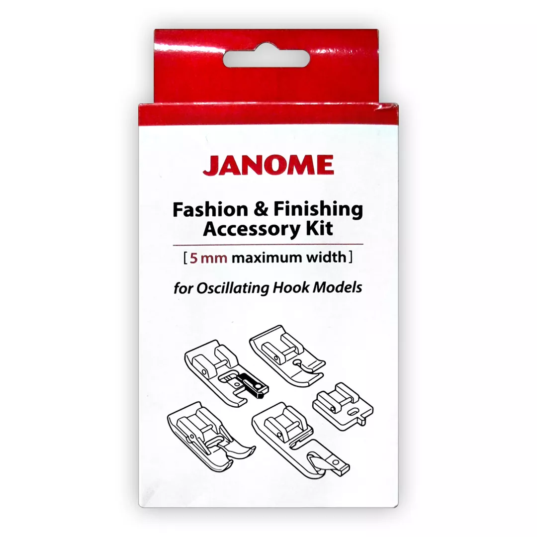 Fashion & Finishing Accessory Kit med fem trykkføtter til Janome