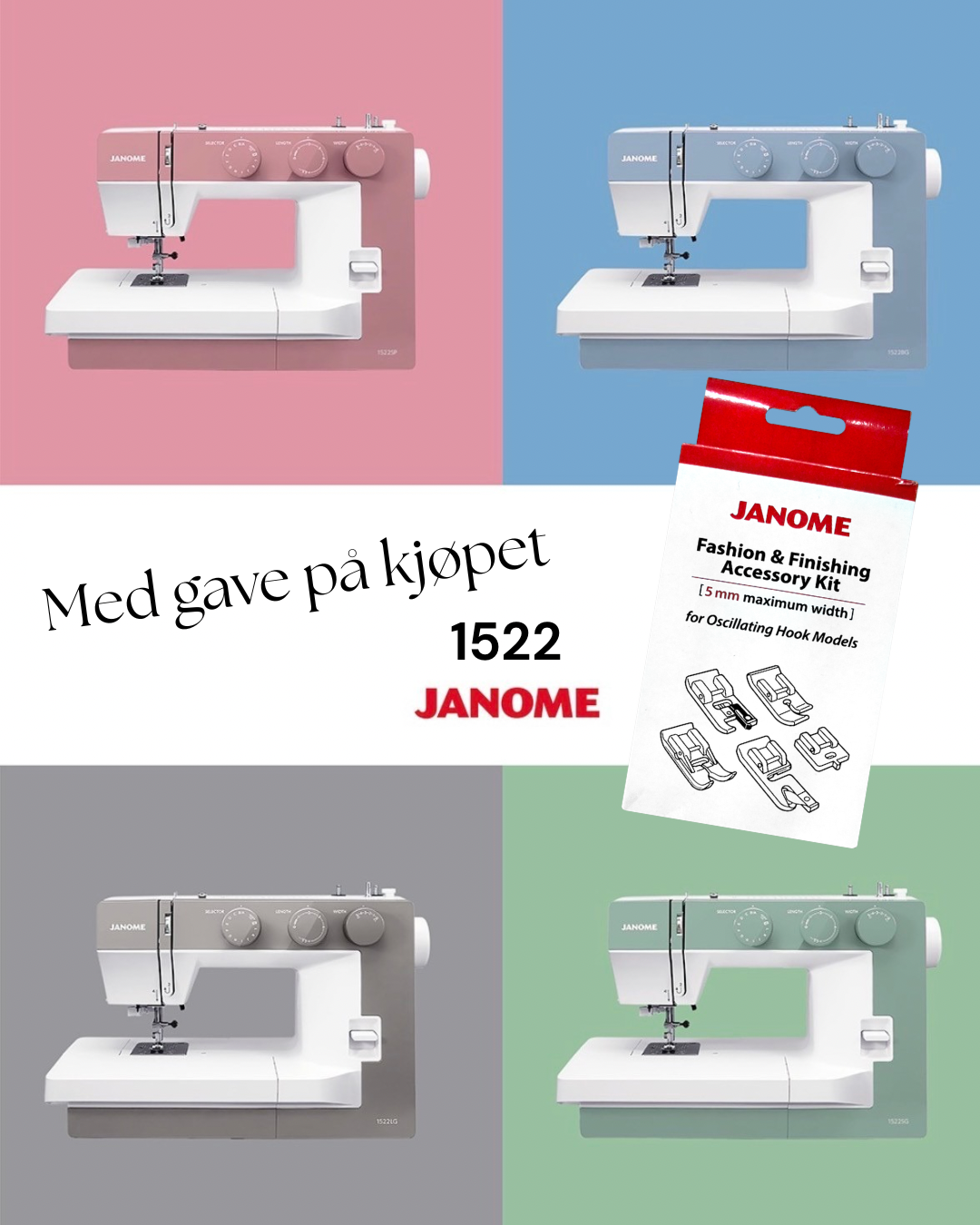 DEMO Janome 1522 lysegrønn med trykkfotpakke og bøttehattmønster - Bilde 2